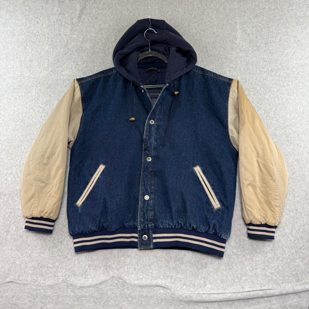 Vintage 90s Basic Editions Varsity Jacket Mens L Blue Denim Tan Hooded Bomber